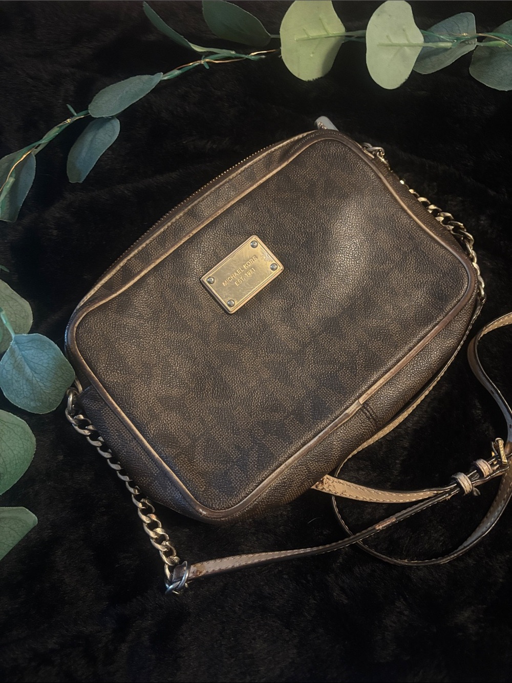 Michael Kors Dark Brown Pebbled Leather Crossbody with Gold Plate